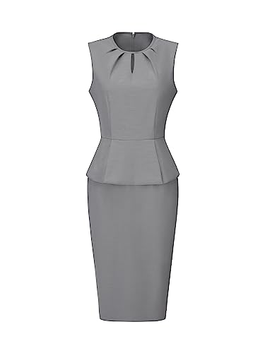 Hobemty Damen Plissierter Ausschnitt Ärmelloses Etuikleid Schößchen Bleistiftkleid Grau XXL von Hobemty