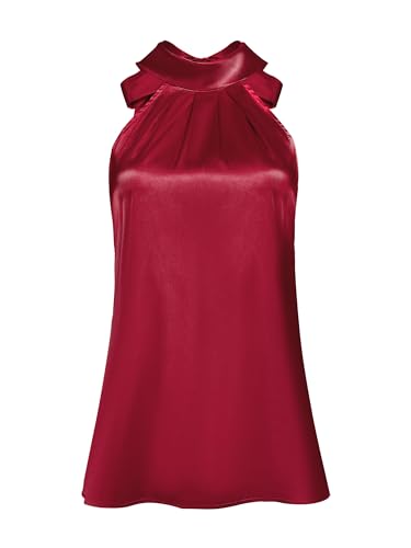 Hobemty Damen Satin Top Ärmellos Oberteil Neckholder Binderücken Arbeitsbluse Weinrot M von Hobemty