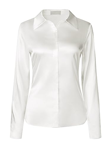 Hobemty Damen Satinbluse Langarm Arbeit Büro Knopfleiste Hemd Top, Weiss/opulenter Garten, Mittel von Hobemty
