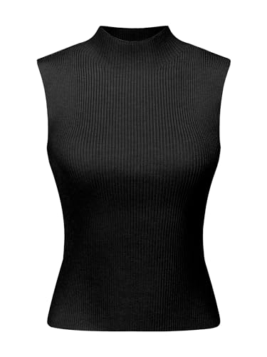 Hobemty Damen Top Ärmellos Gerippte Bluse Stehkragen Basic Strickoberteil Schwarz XL von Hobemty