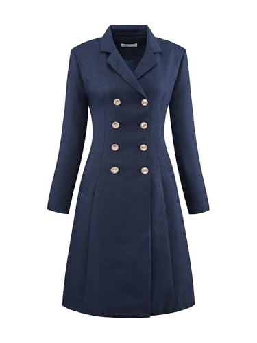 Hobemty Damen Tweed Blazer Kleid mit Kragen Zweireihig A-Linie Formelle Arbeitskleider Navy blau S von Hobemty
