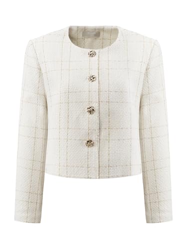 Hobemty Damen Tweed Blazer Lässig Kragenlos Kariert Knopfleiste vorne Jacke Beige Weiß XXL von Hobemty
