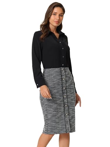 Hobemty Damen Tweed Rock Elegant Hohe Taille Knopfdekor Midi Länge Büro Bleistiftrock Schwarz M von Hobemty