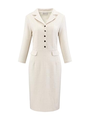 Hobemty Damen Tweedkleid 3/4 Ärmel Reverskragen Button Down Etuikleid Elegant Business Kleid Beige Weiß S von Hobemty