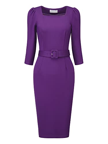 Hobemty Damen Vintage Bleistiftkleid Quadratischer Ausschnitt Puffärmel Gürtelkleider Kleid Dunkelviolett M von Hobemty