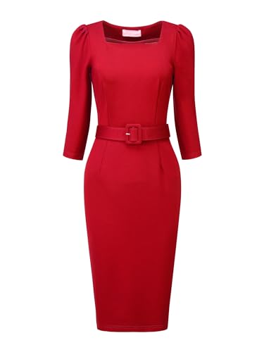 Hobemty Damen Vintage Bleistiftkleid Quadratischer Ausschnitt Puffärmel Gürtelkleider Kleid Rot L von Hobemty