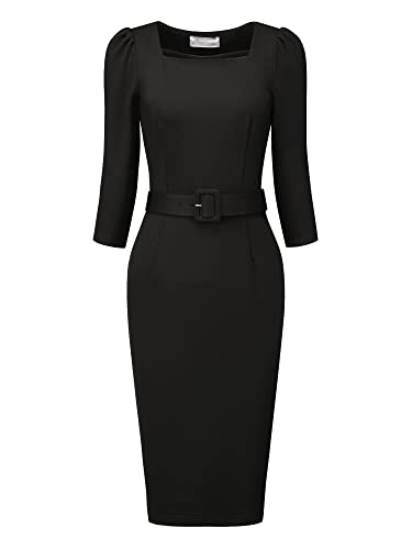 Hobemty Damen Vintage Bleistiftkleid Quadratischer Ausschnitt Puffärmel Gürtelkleider Kleid Schwarz L von Hobemty