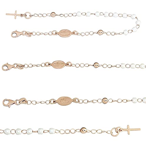 Rosenkranz Armband echt Silber 925 Rosegold vergoldet Perlen weiß Kreuz Maria Hobra-Gold von Hobra-Gold