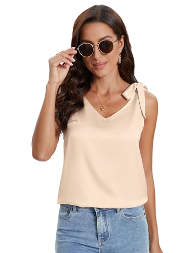 2024 Damen Sommer Satin Tank Top Ärmellose Blusentop Frauen Cami V-Ausschnitt Oberteile Blusen Shirt(Champagne,M von Hobrounn