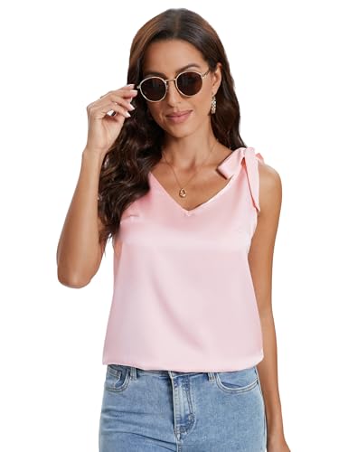 2024 Damen Sommer Satin Tank Top Ärmellose Blusentop Frauen Cami V-Ausschnitt Oberteile Blusen Shirt(Rosa,S von Hobrounn