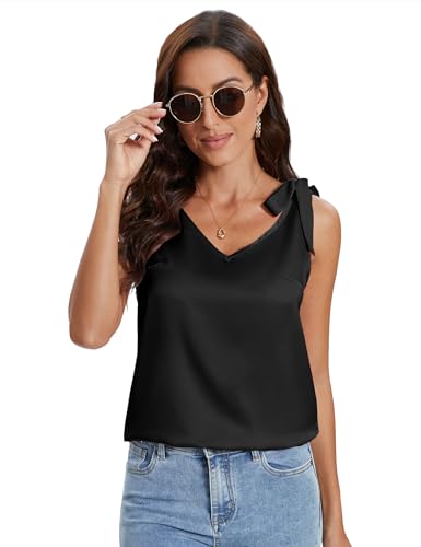 2024 Damen Sommer Satin Tank Top Ärmellose Blusentop Frauen Cami V-Ausschnitt Oberteile Blusen Shirt(Schwarz,L von Hobrounn