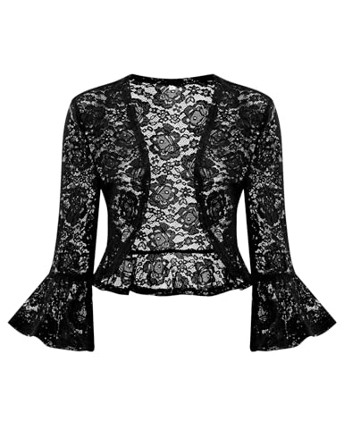 Damen Bolero Spitze Festlich Strickjacke Elegant Schulterjacke Offene Front 3/4 Ärmel Kurz Top für Abendkleider Partykleidung Hochzeiten (Schwarz,L) von Hobrounn