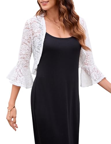 Damen Bolero Spitze Festlich Strickjacke Elegant Schulterjacke Offene Front 3/4 Ärmel Kurz Top für Abendkleider Partykleidung Hochzeiten (Weiß,XL) von Hobrounn