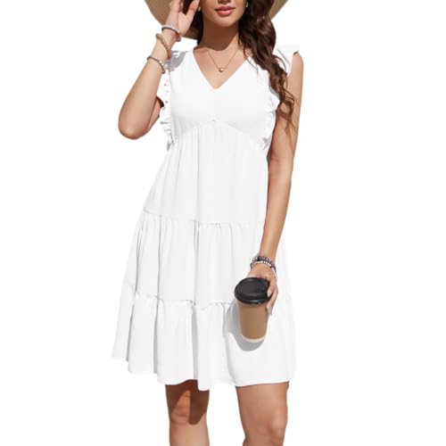 Damen Sommerkleider Rüschen Ärmel V-Ausschnitt Casual Strandkleid Swing Midi Kleid von Hobrounn
