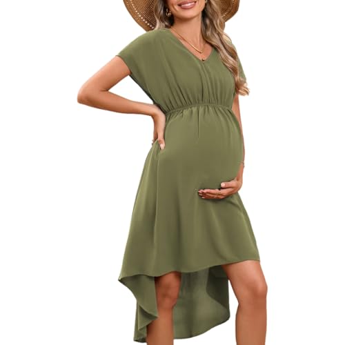 Damen Umstandskleid Sommer Kurzarm Umstandsmode Kleid Hohe Taille V-Ausschnitt A-Linie Kleider von Hobrounn