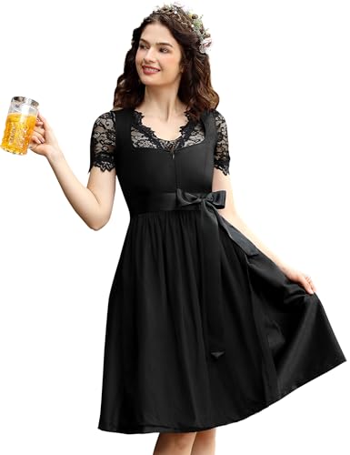 Dirndl Damen Trachtenkleid Inkl. Dirndlbluse und DirndlschüRze 3 Teilig füR Bayerisches Oktoberfest Halloween Karneval (Schwarz, 42) von Hobrounn