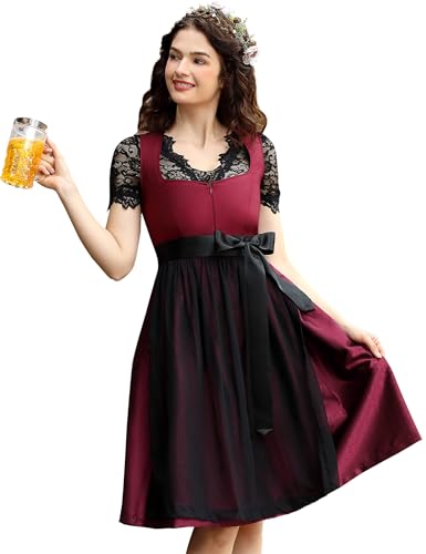 Dirndl Damen Trachtenkleid Inkl. Dirndlbluse und DirndlschüRze 3 Teilig füR Bayerisches Oktoberfest Halloween Karneval (Weinrot, 40) von Hobrounn