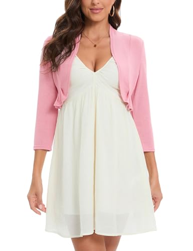 Hobrounn Bolero Damen Festlich 3/4 Ärmel Elegant Strickjacke Kurz Cardigan Bolerojacke Open Front Shrug Oberteile für Cocktail Party Hochzeit(Rosa,L) von Hobrounn