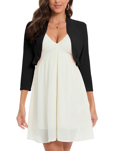 Hobrounn Bolero Damen Festlich 3/4 Ärmel Elegant Strickjacke Kurz Cardigan Bolerojacke Open Front Shrug Oberteile für Cocktail Party Hochzeit(Schwarz,XL) von Hobrounn