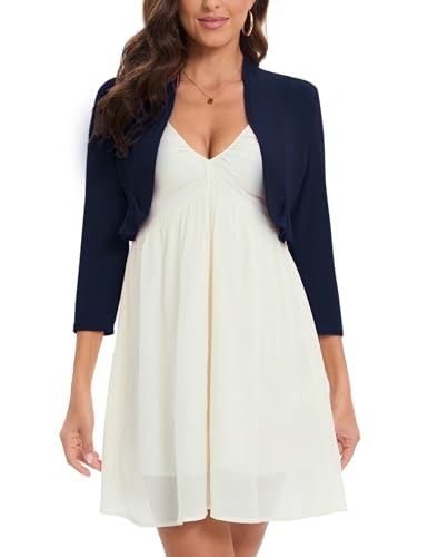 Hobrounn Bolero Damen Festlich 3/4 Ärmel Elegant Strickjacke Kurz Cardigan Bolerojacke Open Front Shrug Oberteile für Cocktail Party Hochzeit von Hobrounn