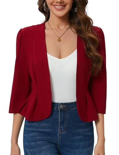 Hobrounn Damen Blazer Sportlich 3/4 Ärmel Business Blazer Jacke Kurze Offene Front Büro Arbeit Suit Jacke mit Rüschensau Weinrot XXL von Hobrounn