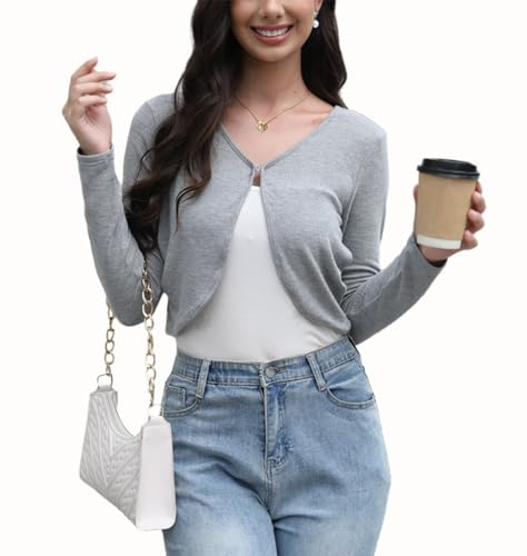 Hobrounn Damen Bolero Elegant Bolerojacke Basic Langarm Schulterjacke Kurz Schrug Cardigan Strickjacke(Grau,M von Hobrounn