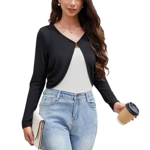 Hobrounn Damen Bolero Elegant Bolerojacke Basic Langarm Schulterjacke Kurz Schrug Cardigan Strickjacke(Schwarz,XXL von Hobrounn