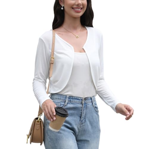 Hobrounn Damen Bolero Elegant Bolerojacke Basic Langarm Schulterjacke Kurz Schrug Cardigan Strickjacke(Weiß,XL von Hobrounn