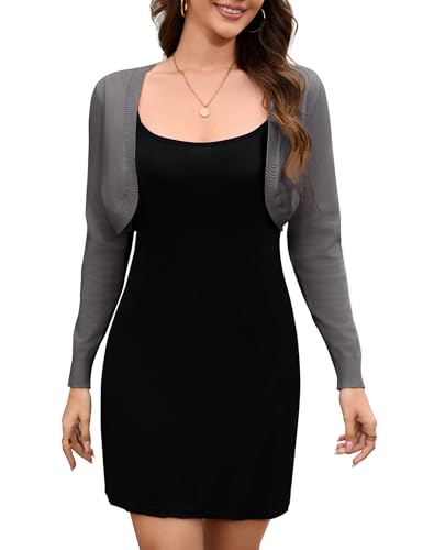 Hobrounn Damen Bolero Elegant Offene Front Langarm Strickpullover Kurz Strickjacke Shrug für Festlichkeiten (Dunkelgrau,M) von Hobrounn