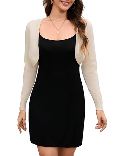 Hobrounn Damen Bolero Elegant Offene Front Langarm Strickpullover Kurz Strickjacke Shrug für Festlichkeiten (Weiß,M) von Hobrounn