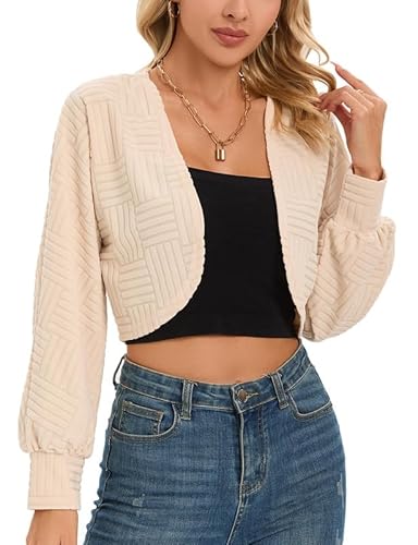 Hobrounn Damen Bolero Festlich Jäckchen Freizeit Langarm Strickjacke Elegant Textur Cardigan, Aprikose, XL von Hobrounn