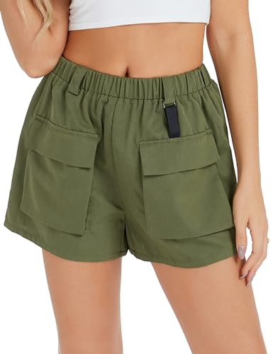 Hobrounn Damen Kurz Cargo Shorts Sommer Stretch High Waist Cargohose mit Taschen für Outdoor Camping Armeegrün XXL von Hobrounn