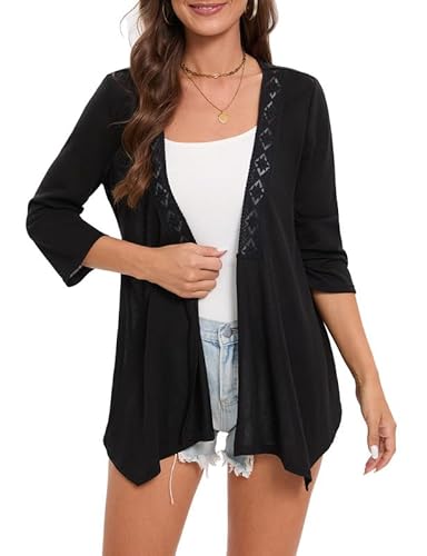 Hobrounn Damen Leichte Strickjacke Kurzarm Sommer 3/4 Arm Cardigan Jacke Elegante Leichte Cover Up Strickjacken Schwarz S von Hobrounn