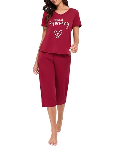 Hobrounn Damen Schlafanzug Capri Sommer Kurzarm Pyjama Set mit 3/4 Hose Lang Sleepshirt Zweiteiliger, Schwarz, M von Hobrounn