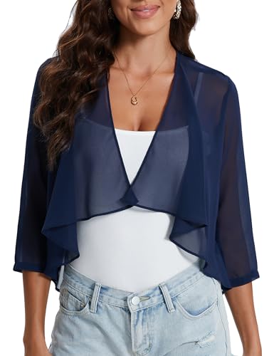 Hobrounn Damen Sommer Bolero Festlich Chiffon 3/4 Ärmel Strickjacke Cardigan Frauen Kurz Elegant Shrug Leichte Dünn Schulterjacke Bolerojacke Tops(Navy blau,M) von Hobrounn