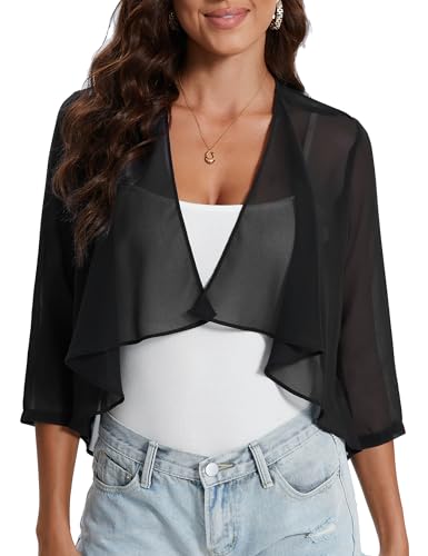 Hobrounn Damen Sommer Bolero Festlich Chiffon 3/4 Ärmel Strickjacke Cardigan Frauen Kurz Elegant Shrug Leichte Dünn Schulterjacke Bolerojacke Tops(Schwarz,S) von Hobrounn