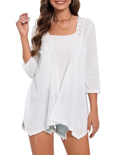 Hobrounn Damen Strickjacken Kurzarm 3/4 Ärmel Sommer Boho Cardigan Casual Leichte Cover Up Spitze Bolerojacke Lang Weiß M von Hobrounn