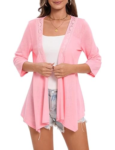 Hobrounn Damen Strickjacken Kurzarm 3/4 Ärmel Sommer Boho Kimono Cardigan Casual Leichte Cover Up Spitze Bolerojacke Lang Rosa M von Hobrounn