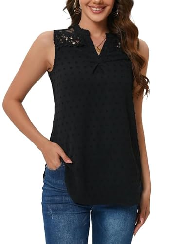 Hobrounn Damen Tank Top Sommer V Ausschnitt Spitze Oberteil Ärmellose Tunika Spitzentop Sexy Basic Shirt Schwarz XXL von Hobrounn