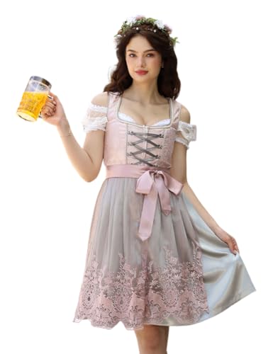 Hobrounn Dirndl Damen Midi 3tlg Trachtenkleid Trachtenmode Trachtenrock Kleid Dirndlkleid Dirndlbluse mit Spitzenschürze für Oktoberfest(Grau,40) von Hobrounn