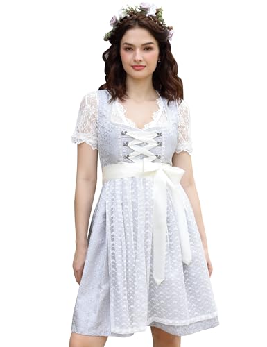 Hobrounn Dirndl Damen Trachtenkleid Inkl. Dirndlbluse und DirndlschüRze 3 Teilig füR Bayerisches Oktoberfest Halloween Karneval (Silber, 36) von Hobrounn