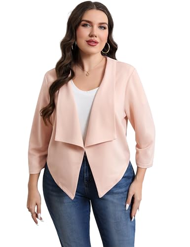 Hobrounn Große Casual Blazer Open Front 3/4 Gathered Sleeve Work Office Business Größen Elegant Cardigan Jackets (4XL, Apricot) von Hobrounn