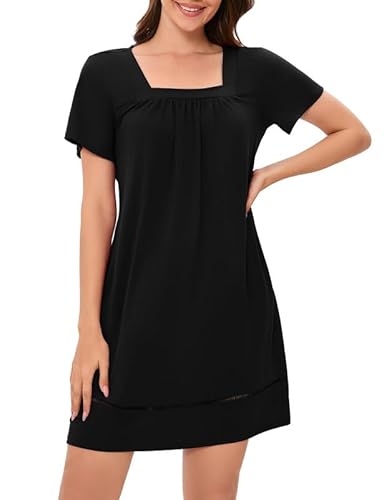 Hobrounn Nachthemd Damen Kurz Sommer Spitze Nachtwäsche Kurzarm Nachtkleid Schlafshirt Elegant für Frauen Schwarz M von Hobrounn