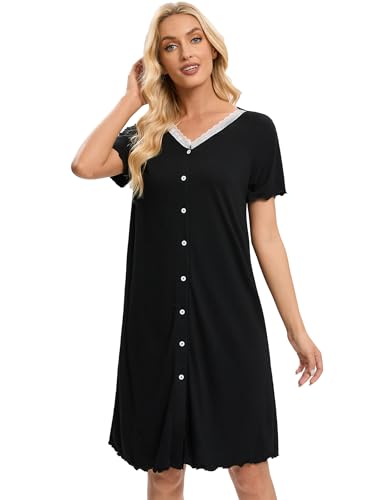 Hobrounn Nachthemd Damen Kurzarm Schlafkleid Sommer Nachtwäsche Frauen Schlafshirt Nightdress Freizeitkleid Negligee(Schwarz,XXL) von Hobrounn