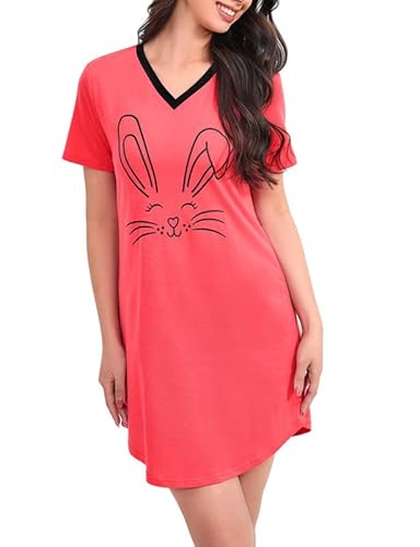 Hobrounn Nachthemd Damen Kurzarm Sommer Kurze Ärmel Sleepshirt Nachtwäsche Bequeme V-Ausschnitt Sleepwear Schlafshirt Rosa L von Hobrounn