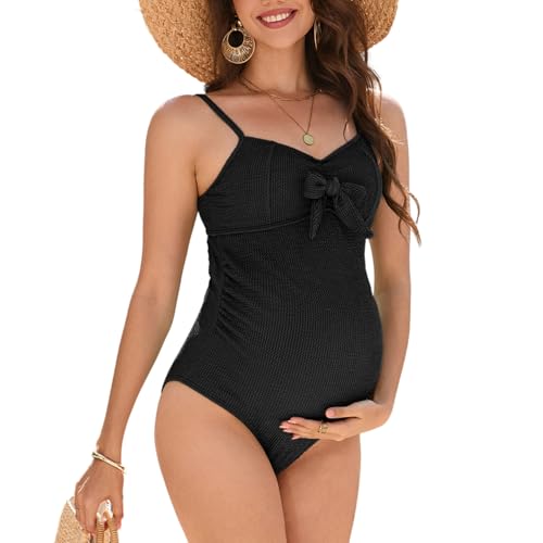 Hobrounn Umstandsbadeanzug Maternity Einteilige Badeanzug Mit Schleife Swimwear Verstellbare Träger(Schwarz,L) von Hobrounn