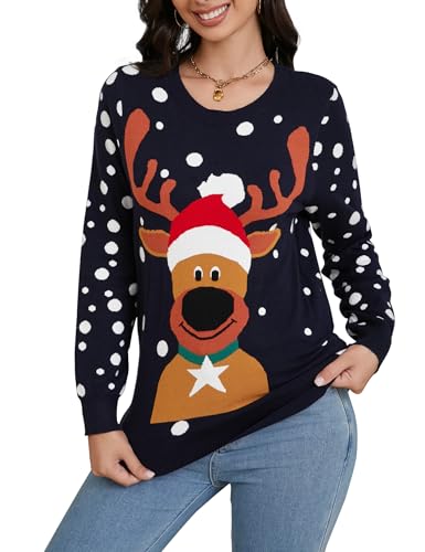 Hobrounn Weihnachtspullover Damen Weihnachten Christmas Pullover Weihnachtspulli Rundhalsausschnitt Elegant Weihnachten Pullover Ugly Christmas Sweater von Hobrounn