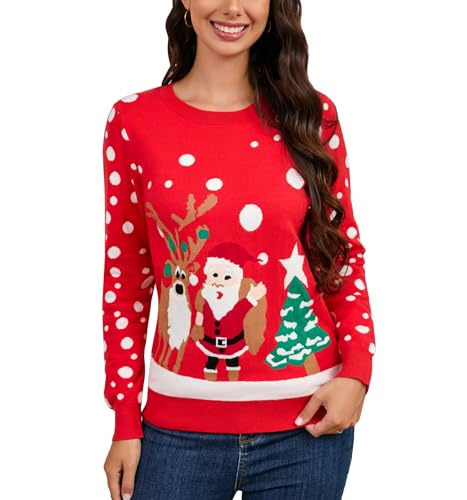 Hobrounn Weihnachtspullover Damen Weihnachten Christmas Pullover Weihnachtspulli Rundhalsausschnitt Elegant Weihnachten Pullover Ugly Christmas Sweater von Hobrounn
