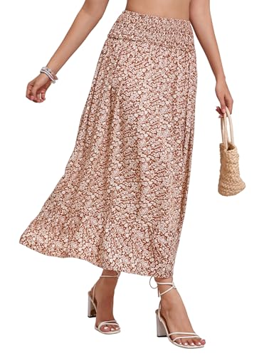 Lange Röcke Damen Sommer Plisseerock Blumen Hohe Taille Boho Maxirock(Brown,XL) von Hobrounn