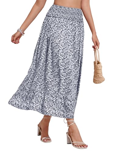 Lange Röcke Damen Sommer Plisseerock Blumen Hohe Taille Boho Maxirock(Navyblau,XXL) von Hobrounn
